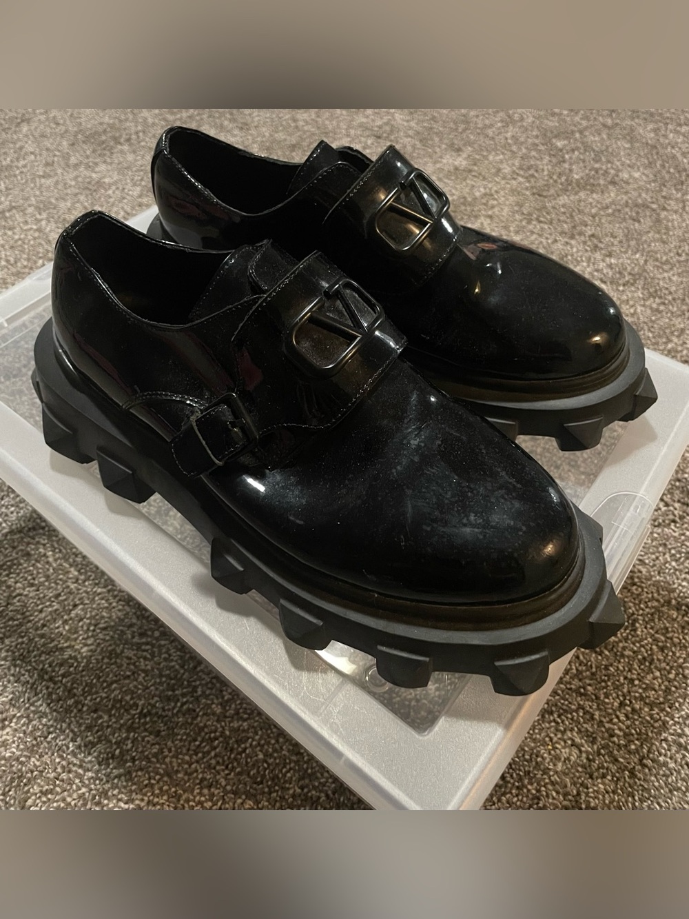 Valentino Garavani Black Patent Leather Lug-Sole Monk Strap Loafers